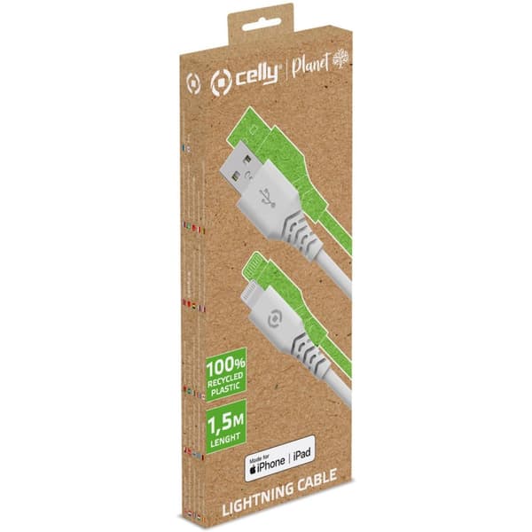 Celly Planet USB-A - Lightning-kabel 1,5m av 100% återvunnen plast Vit