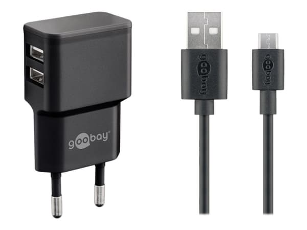 goobay Dual Micro USB charger set - Strömadapter - 12 Watt - 2.4 A - 2 utdatakontakter (USB) - på kabel: Micro-USB - svart