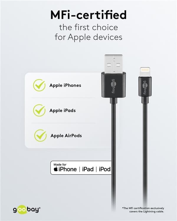 Goobay Apple Lightning Dual Charging Kit (12W) Strømforsyningsenhet med 2x USB-kontakter og Apple Lightning-kabel 1 m (svart)