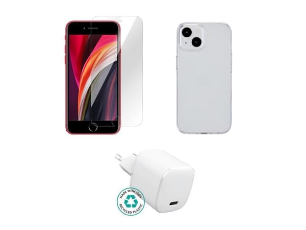 eSTUFF - Tilbehørssett for mobiltelefon - charger, cover, glass - for Apple iPhone SE (3rd generation) Gjennomsiktig, Hvit