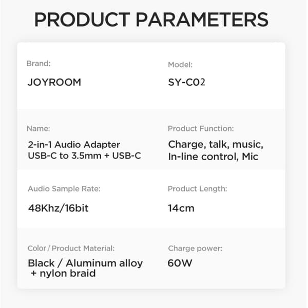 Joyroom Adapterit 2-in-1 Audio Adapter USB-C to 3.5mm+USB-C