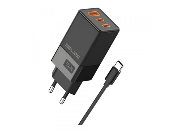 Beline-lader 65W GaN nettverkslader 2xUSB-C + USB-A + USB-C-kabel Svart