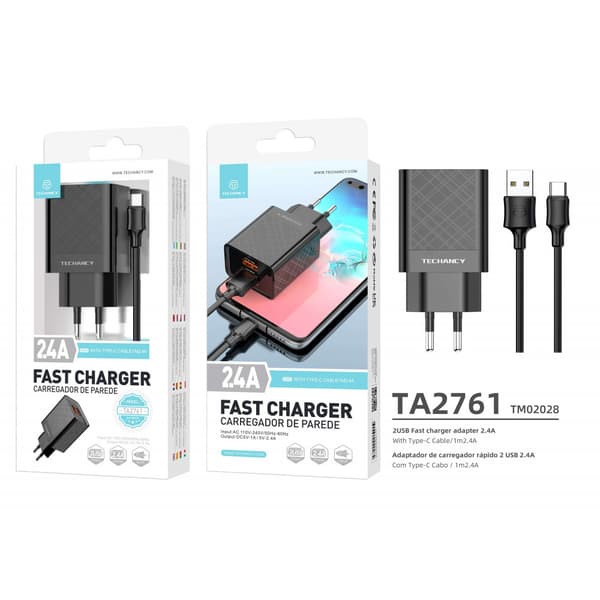 Techancy/Snabbladdare/USB Typ C/2.4A/Dubbla Portar/1M