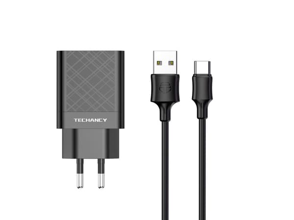 Techancy/Snabbladdare/USB Typ C/2.4A/Dubbla Portar/1M