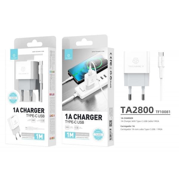 Techancy Laddare/1A/1M2A/1Usb/Vit/Typ-C Kabel