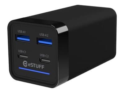 eSTUFF - Strømadapter - GaN - 65 watt - PD 3.0, QC 3.0, QC 4.0+, Apple 2.4A, PD/PPS - 4 utgangskontakter (2 x USB-C, 2 x 9-stifts USB-type A) - svart Sort