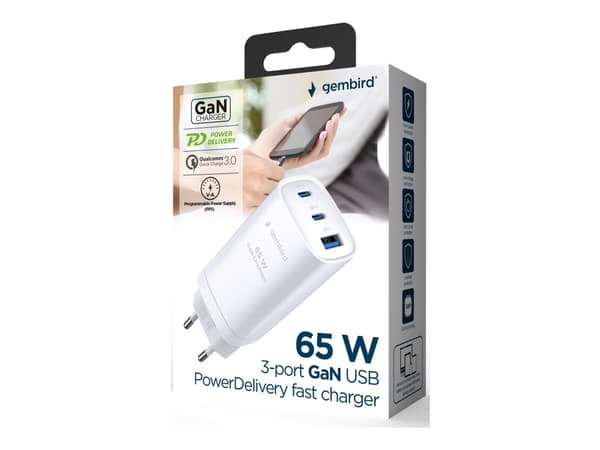 Gembird TA-UC-PDQC65-01-W 3-port 65 W GaN USB PowerDelivery snabbladdare, vit