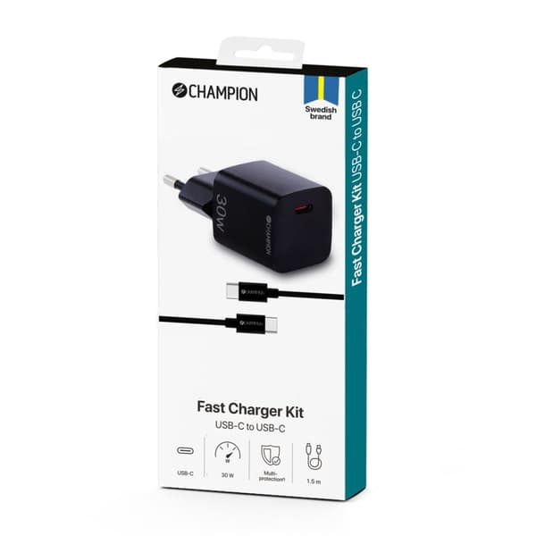 Champion Lader 30W + USB-C-kabel svart