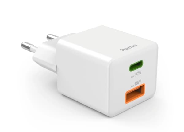 Hama - Strømadapter - 30 watt - 3 A - PD, QC 2.0, QC 3.0 - 2 utgangskontakter (USB-type A, 24 pin USB-C) - hvit