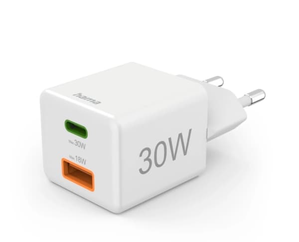 Hama - Strømadapter - 30 watt - 3 A - PD, QC 2.0, QC 3.0 - 2 utgangskontakter (USB-type A, 24 pin USB-C) - hvit