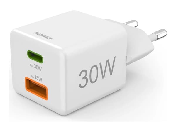Hama - Strømadapter - 30 watt - 3 A - PD, QC 2.0, QC 3.0 - 2 utgangskontakter (USB-type A, 24 pin USB-C) - hvit