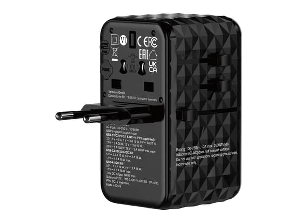 Verbatim UTA-10 - Strømadapter - GaN III, universal - 140 watt - 10 A - Power Delivery 3.1, PD/PPS, QC 3.0, QC 4.0+, Apple Fast Charge, USB BC 1.2, F