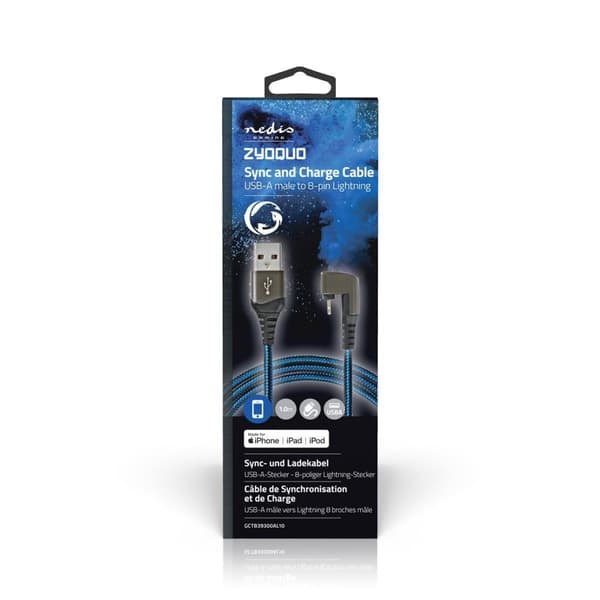 Nedis USB kaapeli | USB 2.0 | Apple Lightning 8-Pin | USB-A Uros | 12 W | 480 Mbps | Niklattu | 1.00 m | Pyöreä | Nailon / Punottu | Musta / Sininen |