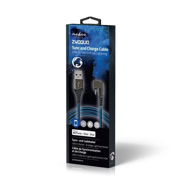Nedis USB kaapeli | USB 2.0 | Apple Lightning 8-Pin | USB-A Uros | 12 W | 480 Mbps | Niklattu | 1.00 m | Pyöreä | Nailon / Punottu | Musta / Sininen |