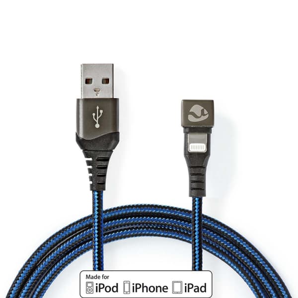 Nedis USB kaapeli | USB 2.0 | Apple Lightning 8-Pin | USB-A Uros | 12 W | 480 Mbps | Niklattu | 1.00 m | Pyöreä | Nailon / Punottu | Musta / Sininen |