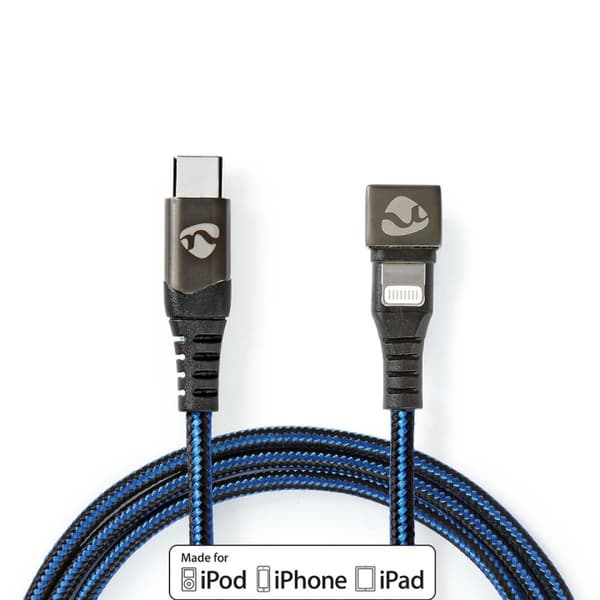 Nedis USB kaapeli | USB 2.0 | Apple Lightning 8-Pin | USB-C™ Uros | 60 W | 480 Mbps | Niklattu | 1.00 m | Pyöreä | Nailon / Punottu | Musta / Sininen