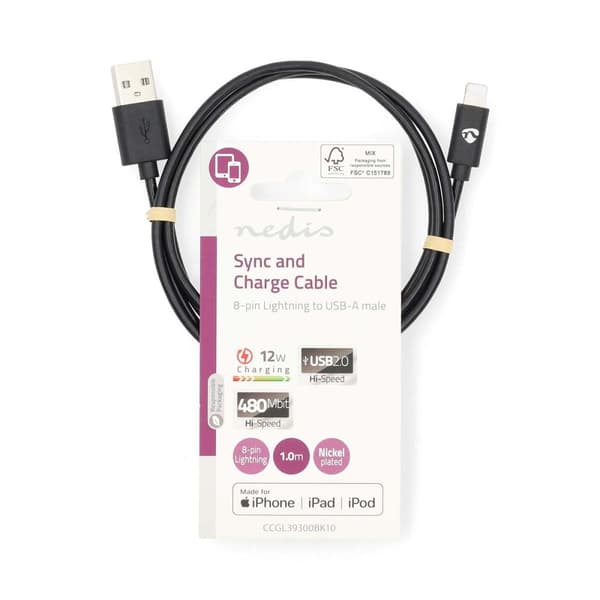 Nedis Lightning Kabel | USB 2.0 | Apple Lightning 8-pin | USB-A Han | 480 Mbps | Nikkelplateret | 1.00 m | Runde | PVC | Sort | Label