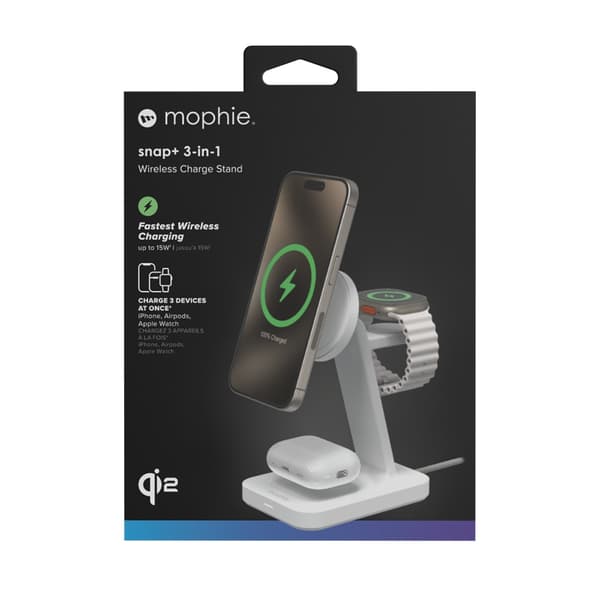 Mophie Snap+ 3-in-1 Wireless Charge Stand Qi2 MagSafe Valkoinen