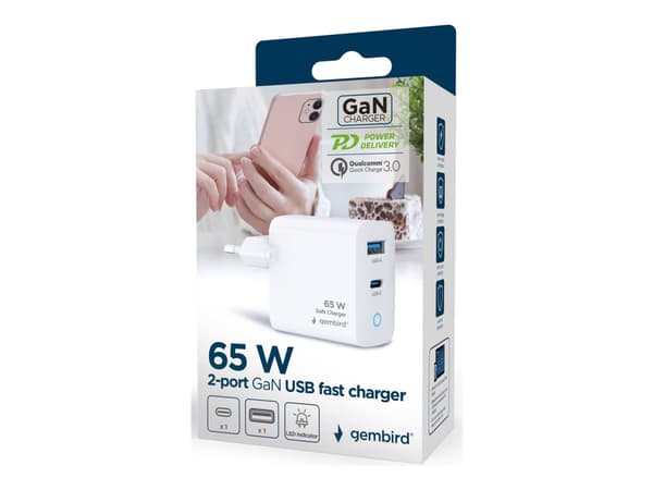GEMBIRD GEMBIRD GaN 2-porttinen USB-pikalaturi 65W USB Type-C + USB-A LED valkoinen