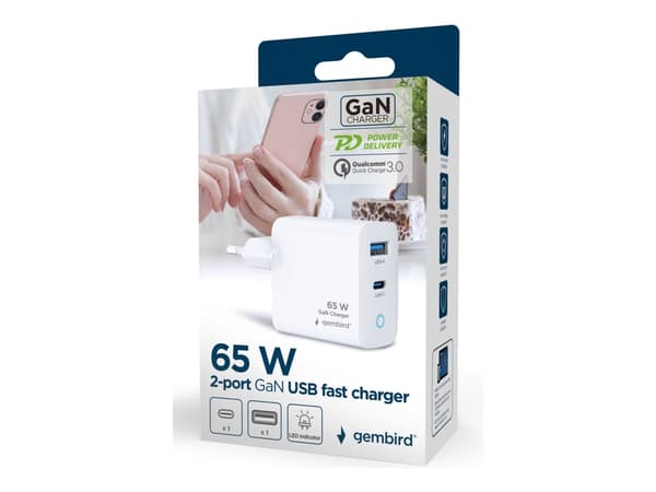 GEMBIRD GEMBIRD GaN 2-porttinen USB-pikalaturi 65W USB Type-C + USB-A LED valkoinen
