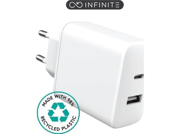 eSTUFF INFINITE - Strømadapter - 100% recycled plastic, EU plug - 32 watt - 3 A - Apple Fast Charge, PD 3.0, QC 3.0 - 2 utgangskontakter (USB-type A,