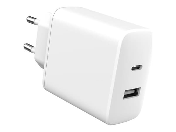 eSTUFF INFINITE - Strømadapter - 100% recycled plastic, EU plug - 32 watt - 3 A - Apple Fast Charge, PD 3.0, QC 3.0 - 2 utgangskontakter (USB-type A, Hvit