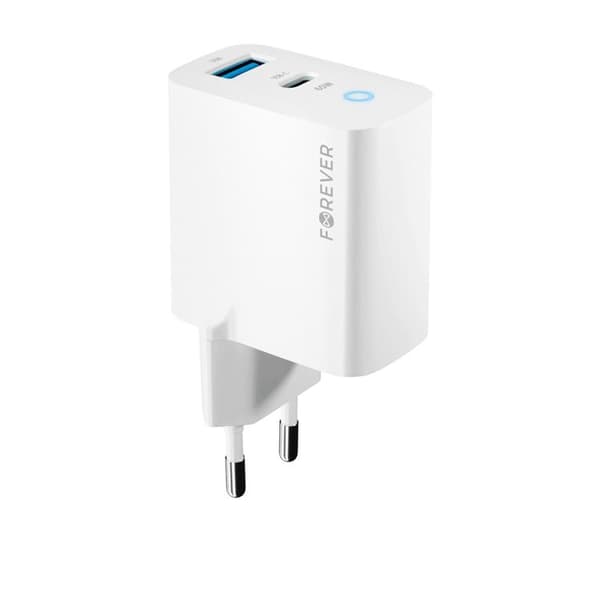 Forever GaN Väggladdare 1x USB-C 1x USB 65W TC-06-65AC - Vit