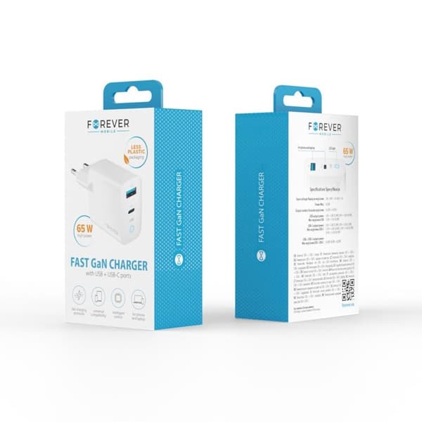 Forever GaN Väggladdare 1x USB-C 1x USB 65W TC-06-65AC - Vit