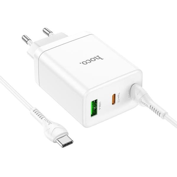 Hoco Väggladdare 35W 2xType C + USB A med Typ-C Kabel 1m - Vit