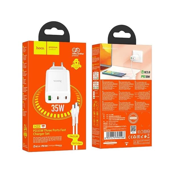 Hoco Väggladdare 35W 2xType C + USB A med Typ-C Kabel 1m - Vit