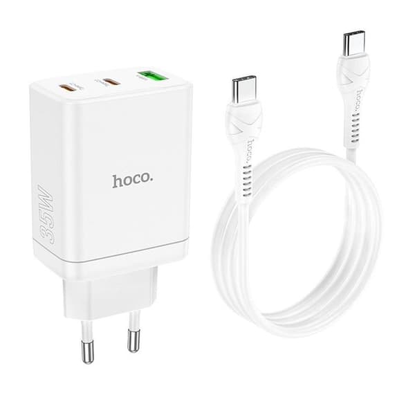 Hoco Väggladdare 35W 2xType C + USB A med Typ-C Kabel 1m - Vit