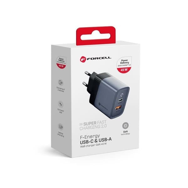 Forcell F-Energy Väggladdare GaN 45W 1xUSB-C 1xUSB-A 4A PD QC 4.0