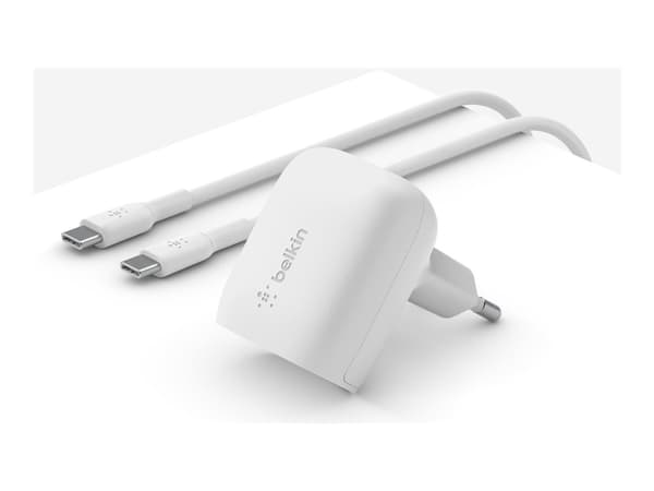 Belkin BoostCharge - Strømadapter - 20 watt - 3 A - Power Delivery 3.1, Fast Charge (24 pin USB-C) - på kabel: USB-C - MFI-sertifisert - hvit - med U Hvit