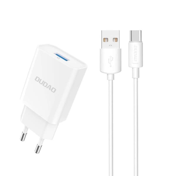 Dudao A4EU USB-A 2,1A nätladdare - vit + USB-A - USB-C-kabel