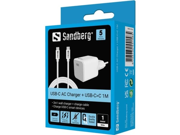 Sandberg - Strømadapter - 2-i-1 - 20 watt - 3 A - PD (24 pin USB-C) - på kabel: USB-C - hvit - Europa - med USB-C til USB-C kabel
