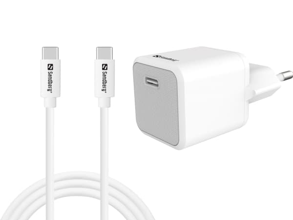Sandberg - Strømadapter - 2-i-1 - 20 watt - 3 A - PD (24 pin USB-C) - på kabel: USB-C - hvit - Europa - med USB-C til USB-C kabel