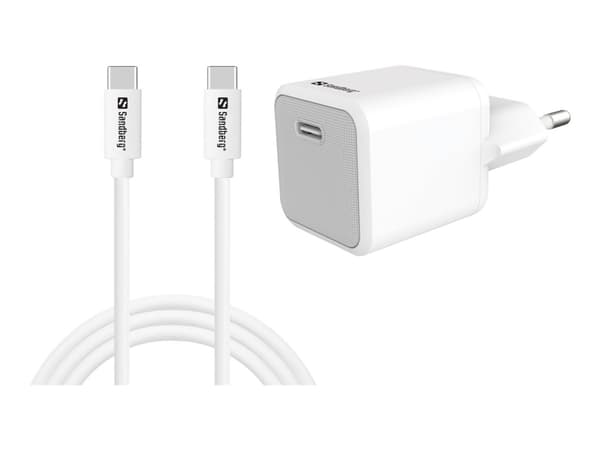 Sandberg - Strømadapter - 2-i-1 - 20 watt - 3 A - PD (24 pin USB-C) - på kabel: USB-C - hvit - Europa - med USB-C til USB-C kabel Hvit