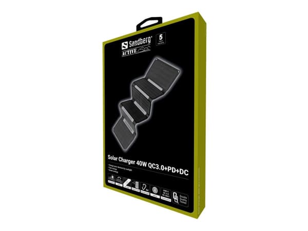 Sandberg - Solcellelader - 40 watt - 3 A - QC 3.0 - 3 utgangskontakter (USB, 24 pin USB-C, 5,5 x 2,1 mm DC-jakk) Sort