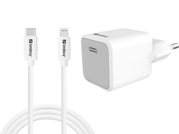 Sandberg - Strømadapter - 2-i-1 - 20 watt - 3 A - PD (24 pin USB-C) - på kabel: Lightning - hvit - Europa - med USB-C to Lightning cable (1m)