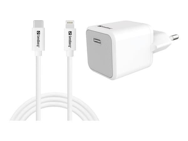 Sandberg - Strømadapter - 2-i-1 - 20 watt - 3 A - PD (24 pin USB-C) - på kabel: Lightning - hvit - Europa - med USB-C to Lightning cable (1m)