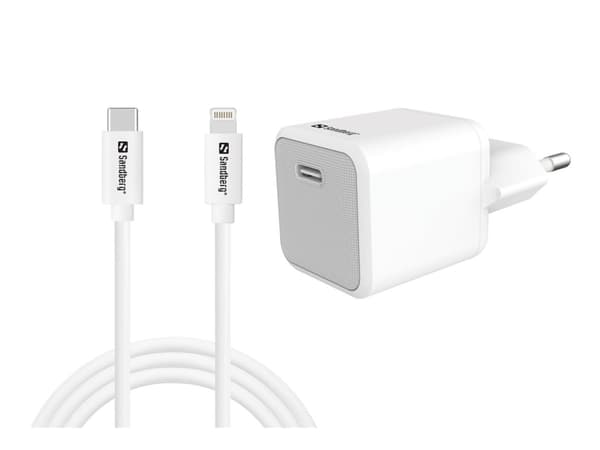 Sandberg - Strømadapter - 2-i-1 - 20 watt - 3 A - PD (24 pin USB-C) - på kabel: Lightning - hvit - Europa - med USB-C to Lightning cable (1m)