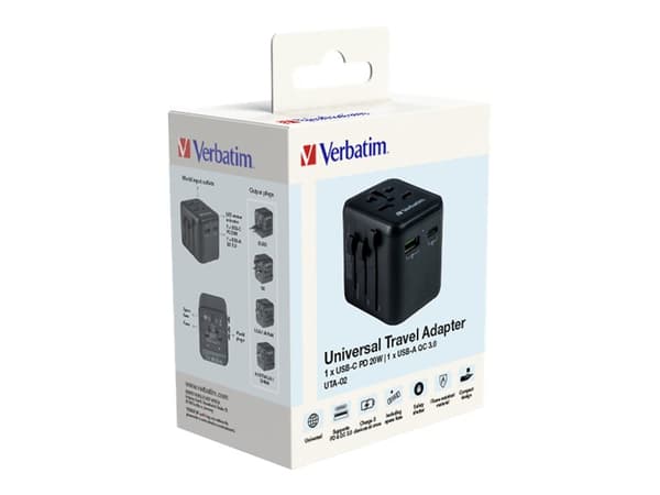 Verbatim UTA-02 - Virtalähde - 20 Watt - 3 A - Pikalataus 3.0 - 3 lähtöliitäntää (USB, BS 1362, 24-nastainen USB-C)