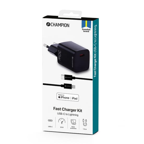 Champion Lader med Kabel Fast Charger Kit USB-C to Lightning 20W Svart