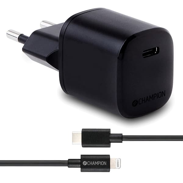 Champion Laturi Kaapelin Kanssa Fast Charger Kit USB-C to Lightning 20W Musta