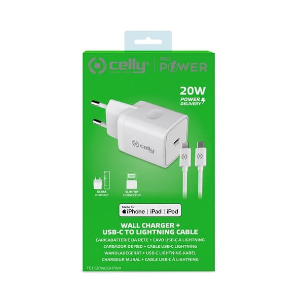 Celly Laddare med Lightning-kabel TC1C20WLIGHT 20W Vit