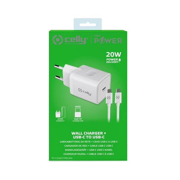 Celly Laddare med USB-C kabel TC1C20WTYPEC 20W Vit