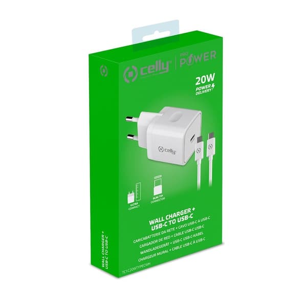 Celly Laddare med USB-C kabel TC1C20WTYPEC 20W Vit