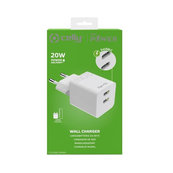 Celly Laturi 2xUSB-C 20W Valkoinen