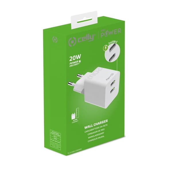 Celly Laturi 2xUSB-C 20W Valkoinen