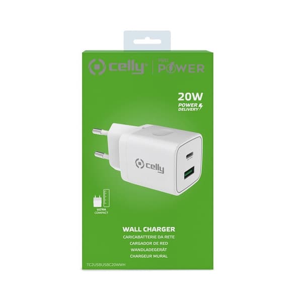 Celly Laturi USB-A/USB-C 20W Valkoinen